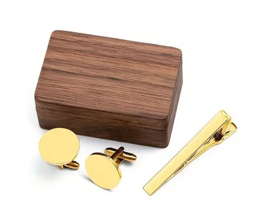 Blank Cufflink & Tie Clip Set with Wooden Box – Gold