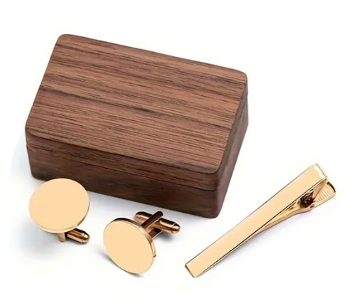 Blank Cufflink & Tie Clip Set with Wooden Box – Rose Gold
